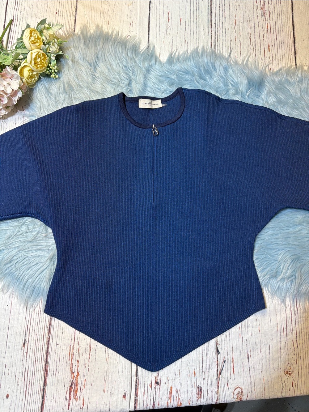 Tory Burch Plaited-Rib Quarter Zip in Tory Navy/Bright Sea sz XL
